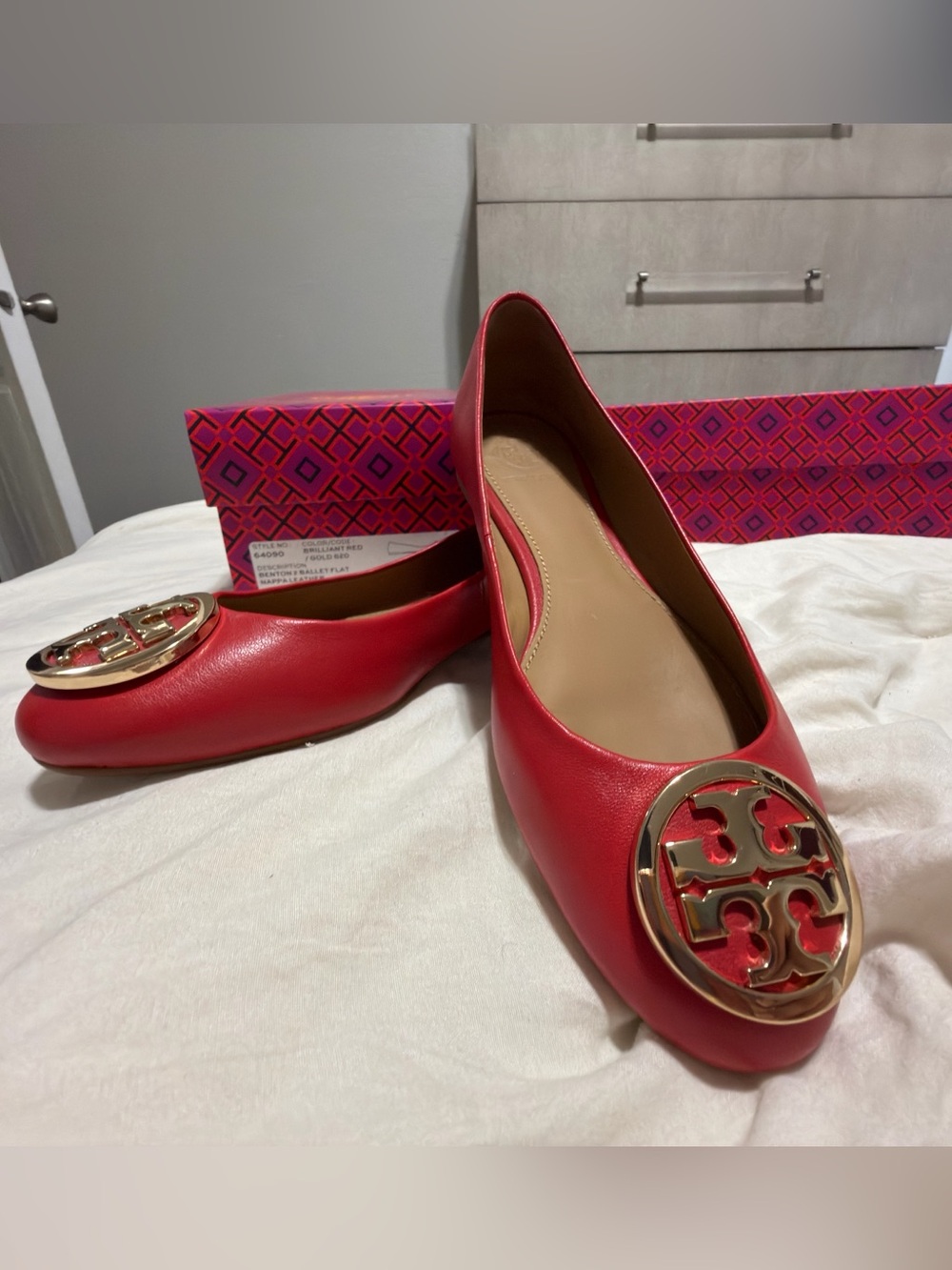 Tory Burch Red Leather Logo Medallion Flats